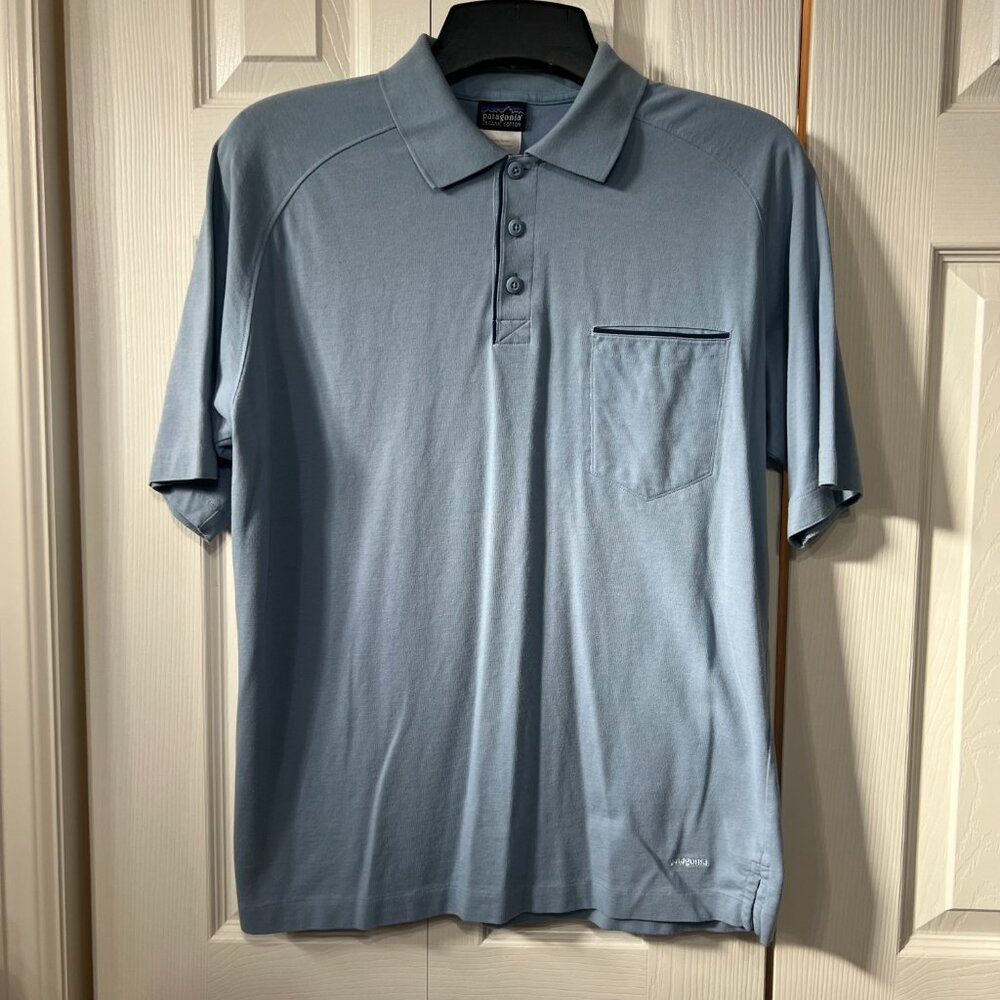 Patagonia Polo Men M Blue Short Sleeve Organic Cotton w/Pocket Casual Classic